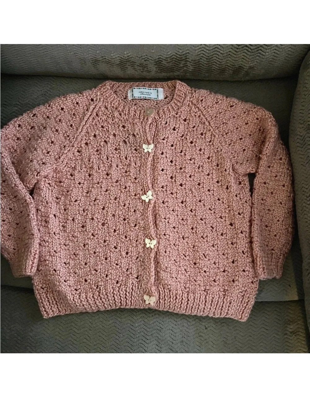 Girls Custom Knitted Sweater Butterfly Buttons Pink